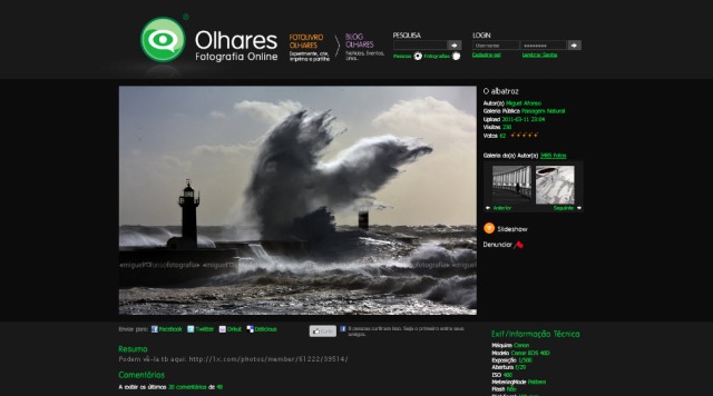 O site Olhares Fotografia Online oferece compartilhamento de fotos em redes sociais